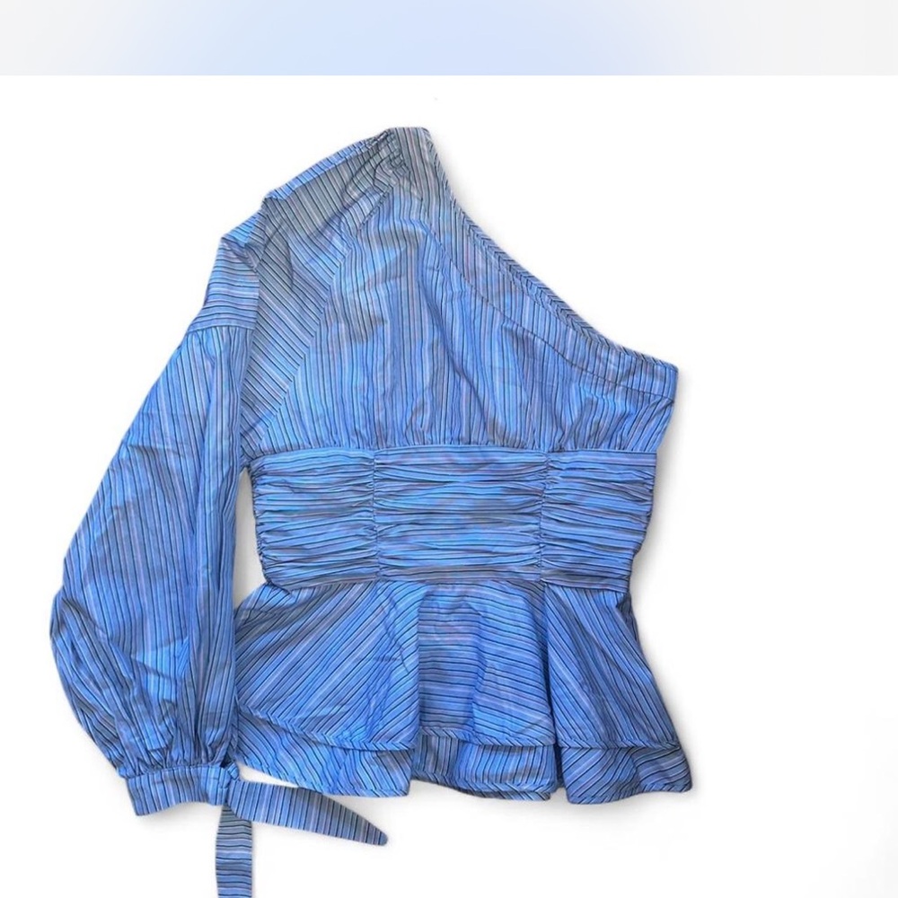 Parker One-Shoulder Blue Striped Peplum Top